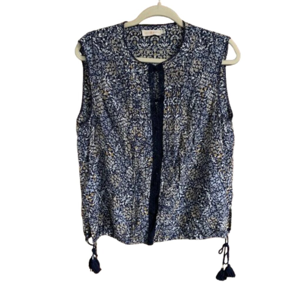 Tory Burch Navy Blue Floral Sleeveless Tassel Hem Women's Silk 12 Blouse Top EUC